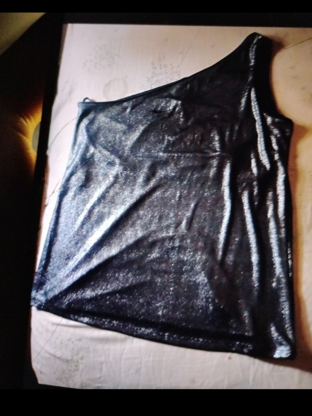Asymmetrical One-Shoulder Shimmer Crop Top - Black